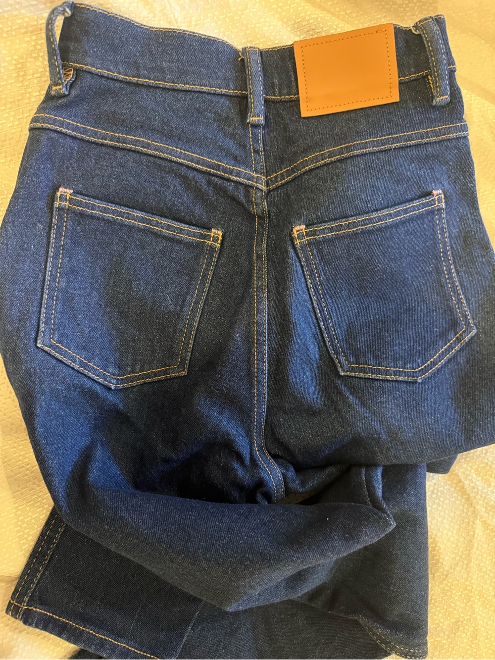 Acne Straight women's Dark Blue Jeans with Tan Patch